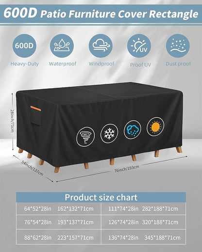 Outdoor Waterproof Furniture Cover, 76W x 54L x 28H inches Heavy Duty 600D Rectangular Table and Chair Set Protection, Black
