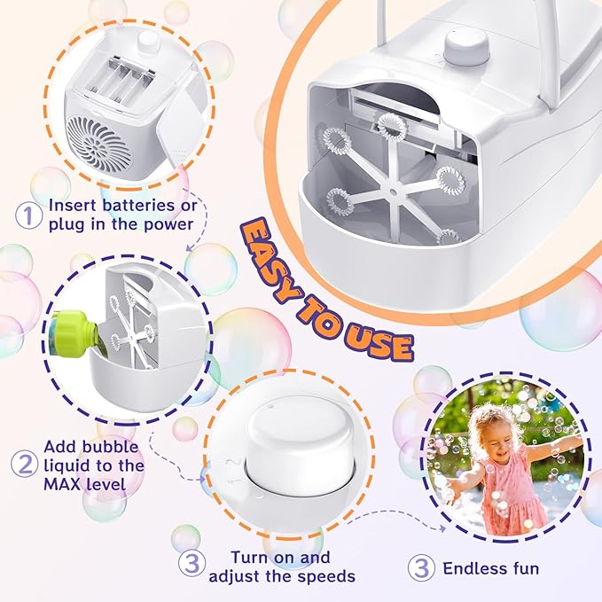 Bubble Machine, Automatic 18000+ Per Minute Big Bubbles Blower Maker for Kids Toddlers with 2 Speeds,6 Wands,Operated by Plugin or Batteries for Outdoor/Indoor Birthday Parties,Wedding (White)