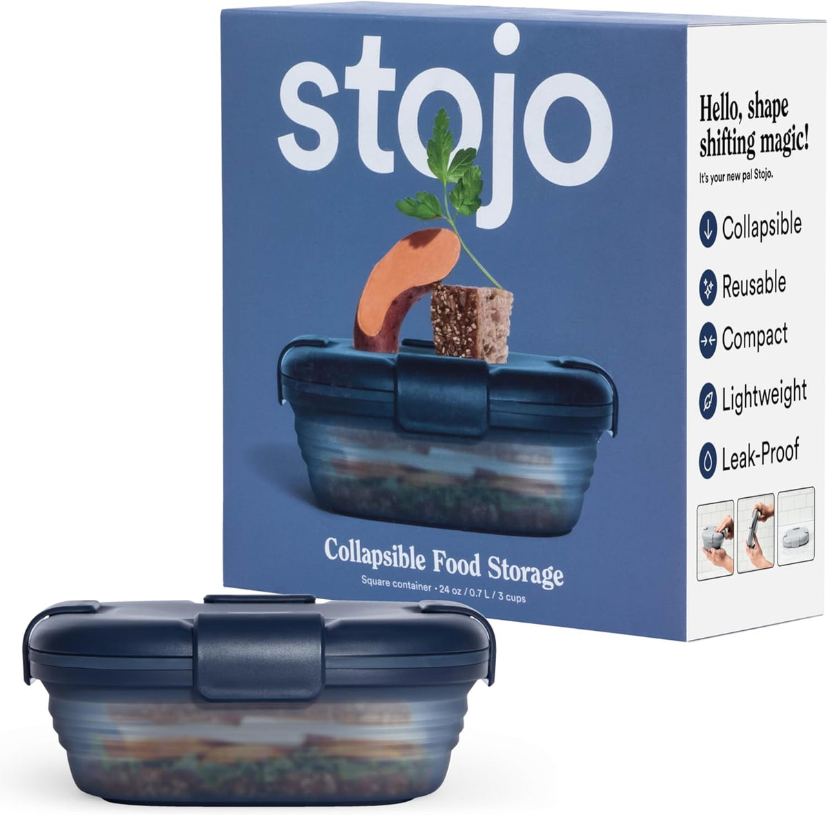 STOJO Collapsible Sandwich Box – 24oz, Reusable Food Storage Container, Silicone Bowl for Hot/Cold Food – Meal Prep, Lunch, Camping, Hiking – Dishwasher Safe (Set of 1, Denim Blue)
