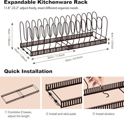 Housolution Pot and Pan Organizer Rack for Cabinet, Expandable Pot Lid Organizer with 15 Adjustable Dividers, Pan Holder Storage Rack for Kitchen Cabinet, Bronze