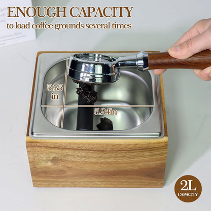 Acacia Wood Espresso Knock Box, Large Capacity with Stainless Steel Interior, Silicone Knock Bar, Anti-Slip Base
