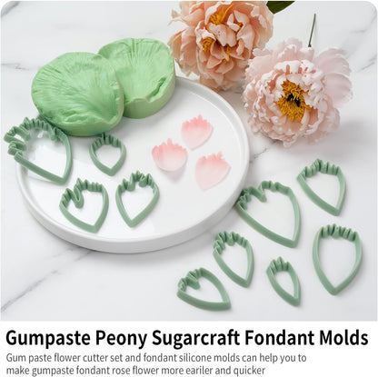Kalaien Flower Silicone Mold, 10 Pcs Gumpaste Cutters, 2 Pcs Peony Petal Fondant Veining Molds for Sugarcraft Flower Decorating Mold