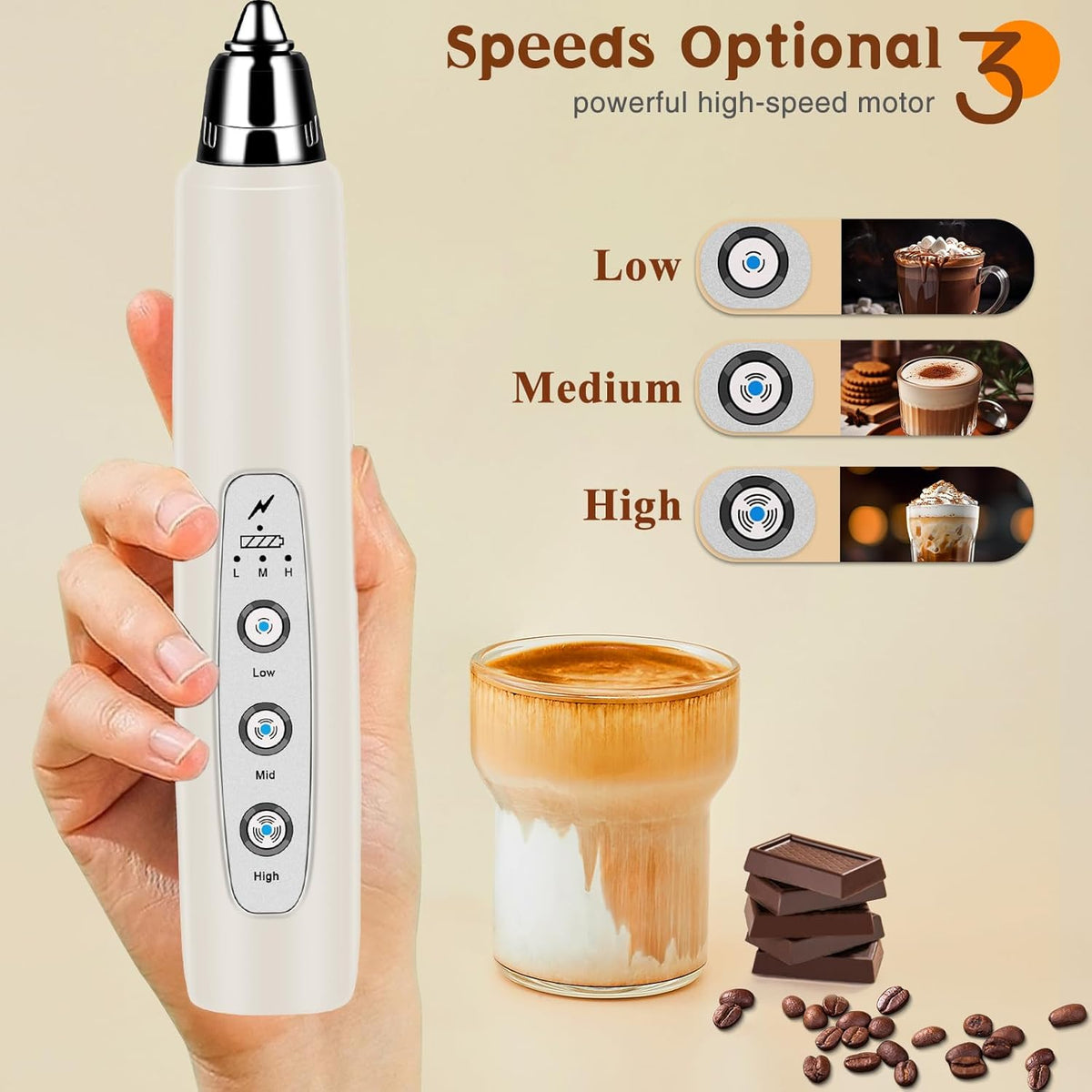 Milk Frother Handheld Rechargeable with Stand, Frother Wand Drink Mixer Electric Whisk for Coffee, Detachable With 3 Stainless Whisks