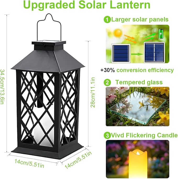 14" Large Tempered Glass Solar Lanterns Outdoor Waterproof, Hanging Solar Lights with Flickering Flameless Candles, Retro Solar Lantern for Wall Porch Patio Table Garden Decoration (Black)