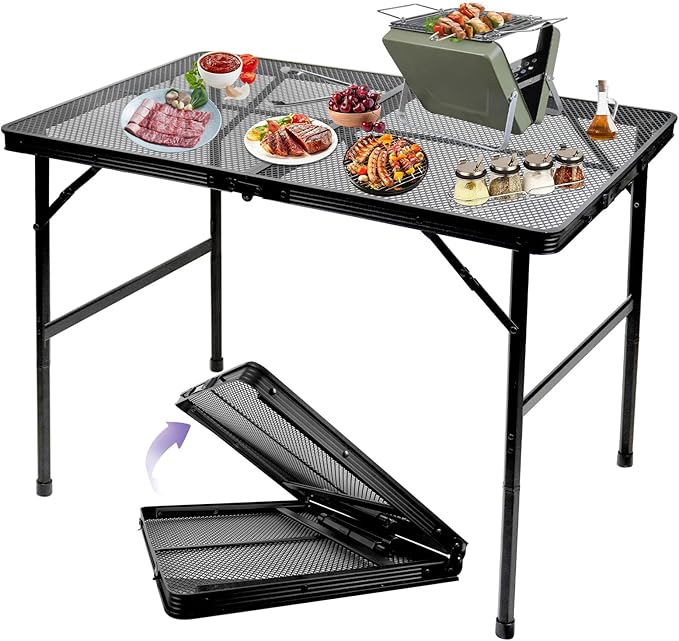 BRIAN & DANY 3x2 FT Folding Grill Table Camping Table, Metal Portable Picnic Table, Lightweight Height Adjustable Foldable Table for Outdoor, Black
