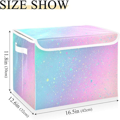Large Collapsible Storage Bins with Lids, Unicorn Background with Rainbow Storage Baskets Organizer Containers with Handles for Clothes