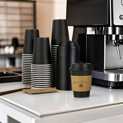 Litopak 500 Pack 12 oz Disposable Coffee Cup with Lids, Sleeves, and Stirring Sticks, Black To Go Paper Coffee Cups for Home, Travel, Office, Party