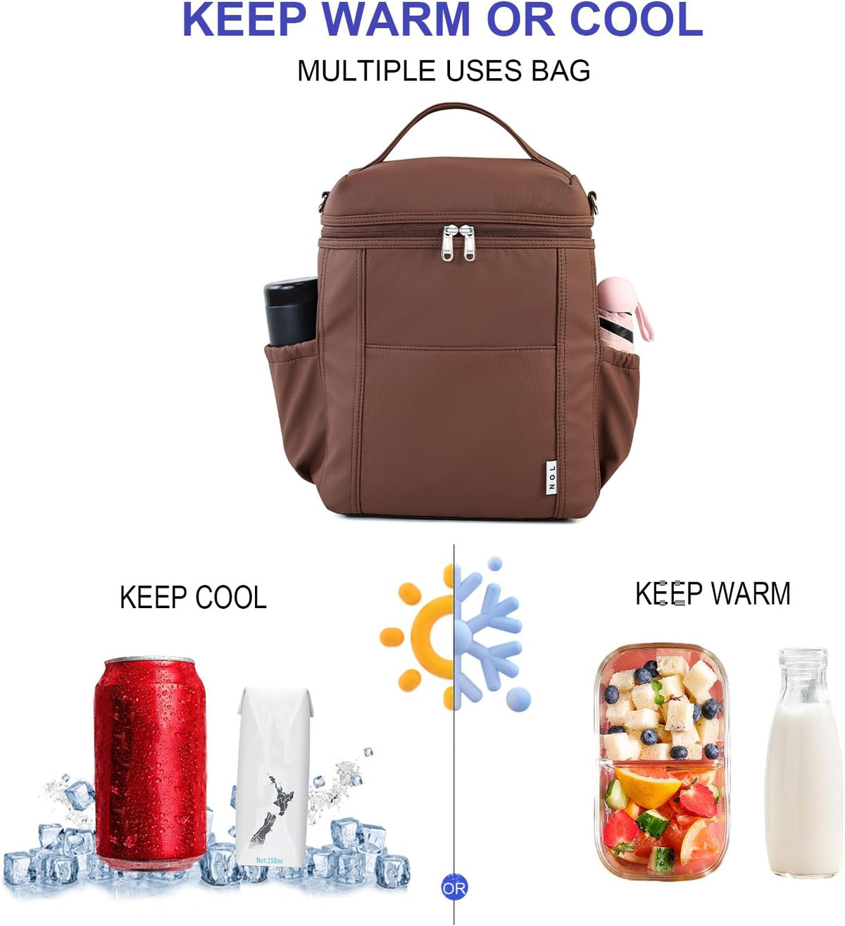 NOL Natural Organic Lifestyle Insulated Lunch Bags for Women Cooler Bag Lightweight Nylon Waterproof Lunch Box For Work (Coffee, Large)