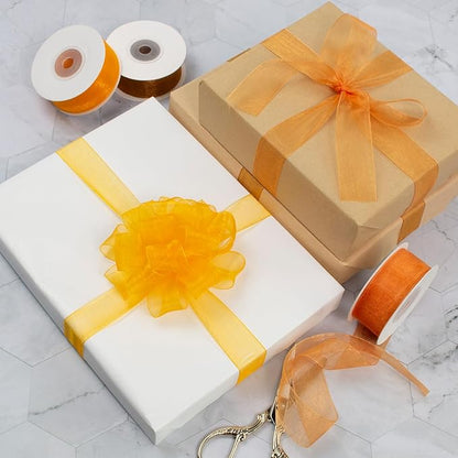 Fall Organza Ribbon Set - 1 Inch x 75 Yds in Yellow Gold, Orange, Terracotta for Thanksgiving, Harvest, Festival, Wedding, Decor, Gift Wrapping, Wreaths, Crafts