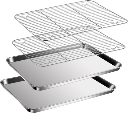 Baking Sheet with Racks Set [2 Sheets + 2 Racks], Stainless Steel Baking Sheets with Cooling Racks, Nonstick Pan, Warp Proof & Rust Proof & Easy to Clean, Size 9.3 X 7 X 1 Inch