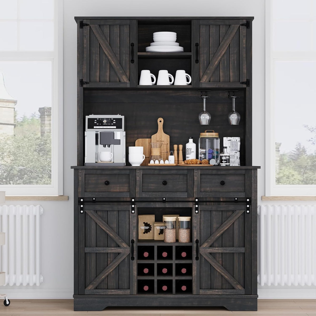 4 Ever Winner 72" Coffee Bar Cabinet with Sliding Barn Door & Wine Racks, Hutch Cabinet with Storage and 3 Drawers