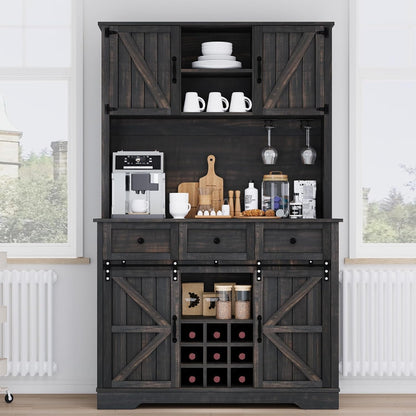 4 Ever Winner 72" Coffee Bar Cabinet with Sliding Barn Door & Wine Racks, Hutch Cabinet with Storage and 3 Drawers