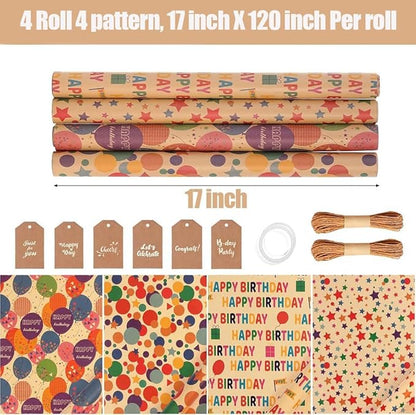 Birthday Wrapping Paper,Gift Wrapping Paper Roll,Kraft Wrapping Paper - 4 Roll 17 X 120 inch Per roll,Colorful Happy Birthday Pattern For Boys Girls Men Women, Perfect For Birthdays Party, Baby Shower