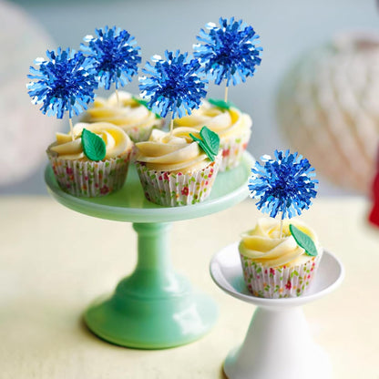 Ephlyn 30Pcs Foil Firework Cupcake Toppers Blue Tinsel Flower Drink Stirrers Cocktail Food Fruit Cake Toppers for Valentine's Day Party Decorations