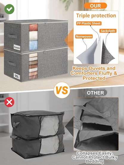 punemi King Size Comforter Storage Bag w/Sturdy Structure, 90L Extra Large Blanket Storage Bag for Bedding, Pillows, Quilts&Duvets, Stackable Closet Organizer with Clear Window,25.6x17.3x11.8in,Gray
