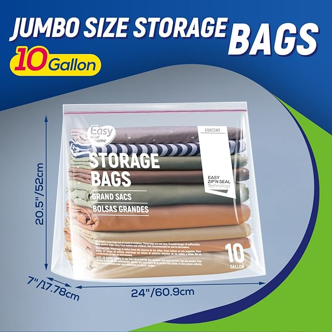 10 Gallon Jumbo Zipper Lock Storage Bags,24" x 20.5"+7",Reusable XL Size Plastic Bag with Zip Top and Bottom for Food,Clothing,Travel,Moving,BPA-Free,3-Mil Thick
