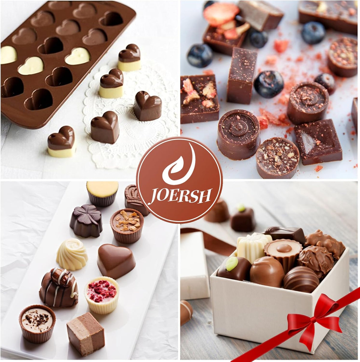 Joersh 5PCS Silicone Chocolate Molds for Candy, Fat Bombs Snacks & Truffles, 9 Shapes 93 Cavities Candle Soap Wax Melts Mold (Square, Round, Heart