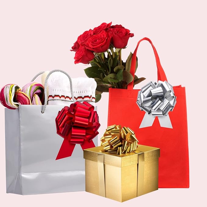 UNIQOOO Assorted Gift Wrap Pull Bow Set of 48, Medium 4'' Large 6'', Bulk for Gift Wrapping Basket Box Bag Décor, Valentines Day Wedding Birthday Christmas Anniversary, Metallic Rose Gold Red Sliver