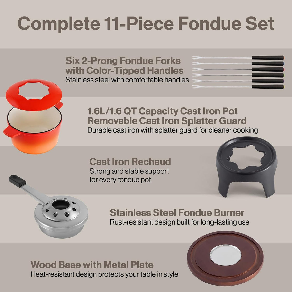 Swissmar Sierra Cast Iron Fondue Set, 1.6 Quart / 1.6 Liter – Perfect for Meat, Cheese, & Chocolate Fondues – Ideal for Family Bonding & Hosting Gifts - 12-Pieces, Gradient Orange