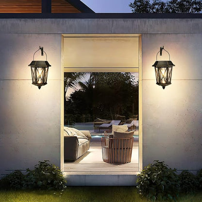 Solar Lantern Outdoor Waterproof, Metal Solar Lights Outdoor with Clear Glass, LED Solar Powered Lights Wall Mount for Yard Garden Wall Outdoor, Bronze - 2 Pack