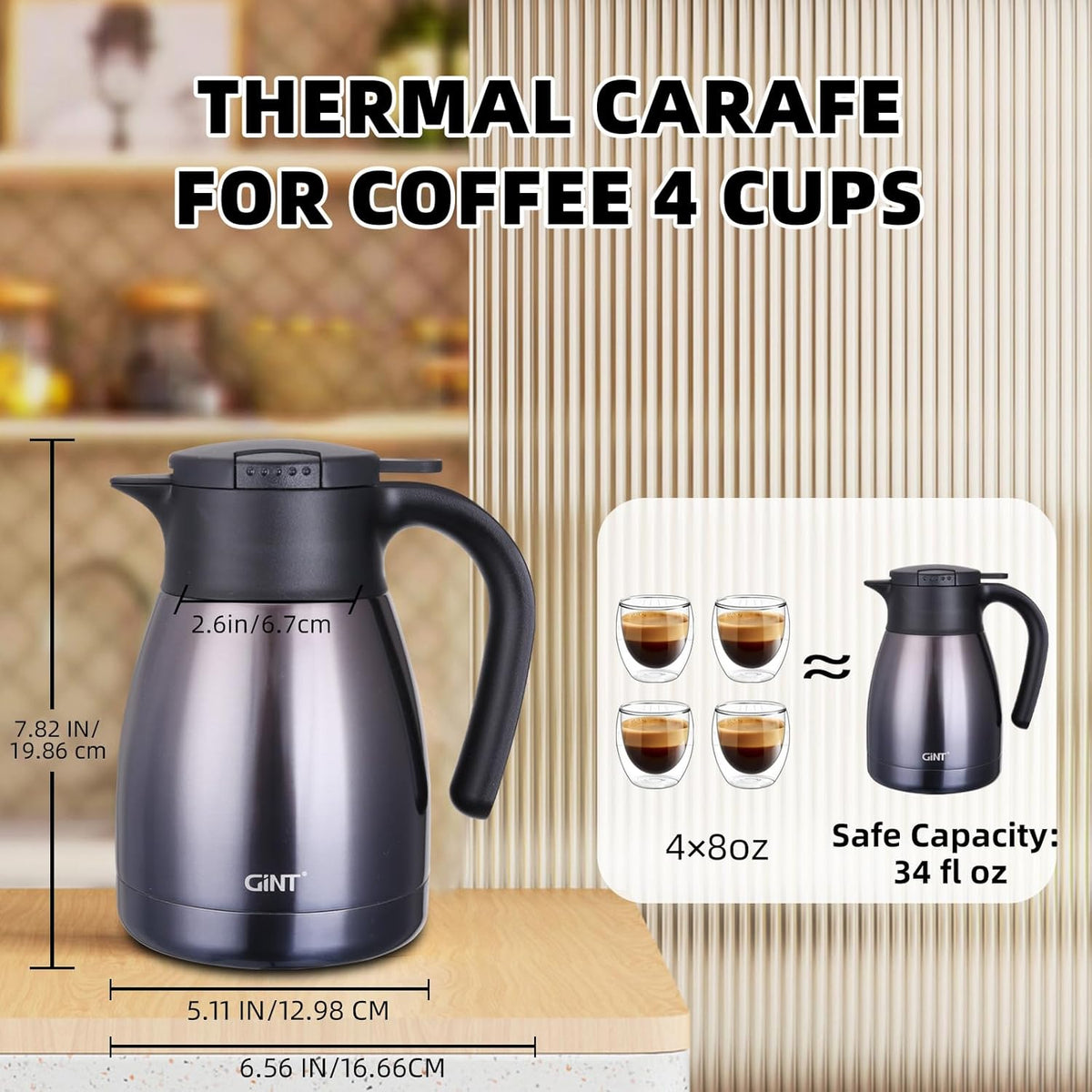 GiNT 1L / 34Oz Thermal Coffee Carafe, Insulated Stainless Steel Coffee Carafes for Keeping Hot/Double Walled Vacuum Thermal Carafe (Purple)