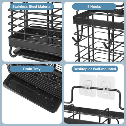 Utensil Holder, Stainless Steel Utensil Drying Rack with Drain Tray, Kitchen Counter Drainer Basket Silverware Cutlery Flatware Holder Forks, Knives, Spoons, Chopsticks Organizer (Black)
