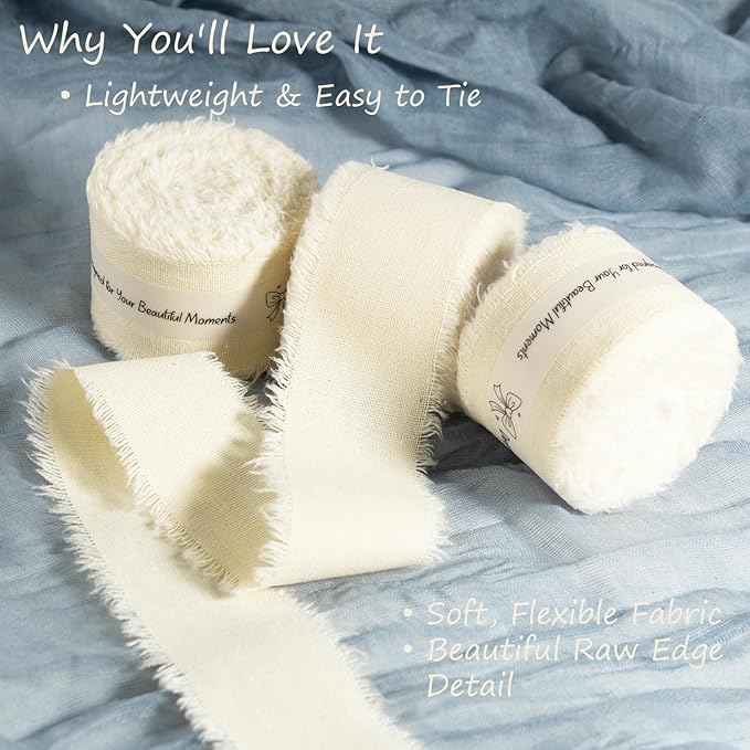 Ivory Cotton Ribbon 1-1/2 Inch Ivory 3 Rolls 21 Yards Frayed Edge Fabric Set for Wedding Invitations, Bridal Shower, Anniversary Celebration, Elegant Event Decor & Gift Wrapping