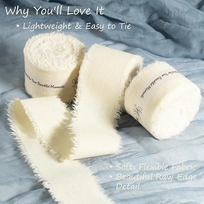 Ivory Cotton Ribbon 1-1/2 Inch Ivory 3 Rolls 21 Yards Frayed Edge Fabric Set for Wedding Invitations, Bridal Shower, Anniversary Celebration, Elegant Event Decor & Gift Wrapping