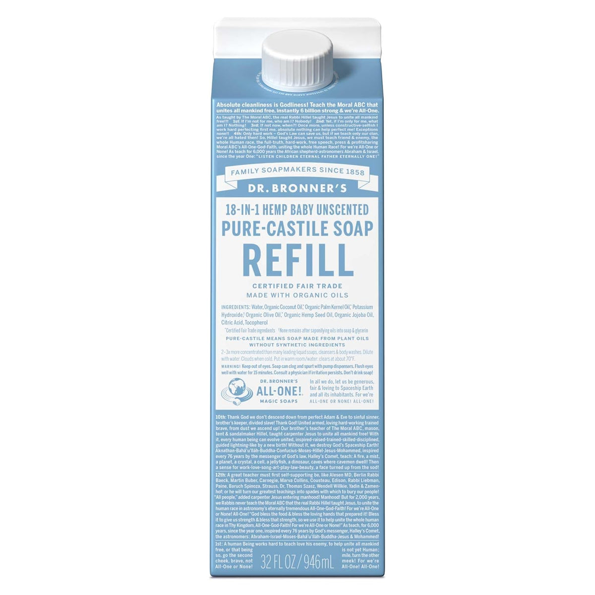 Dr. Bronner's Pure-Castile Liquid Soap Refill - Made with Regenerative Organic Certified Oils, 86% Less Plastic - 18-in-1 Uses, For Face, Body Wash, Hand Soap Refill & More - Baby Unscented, 32oz
