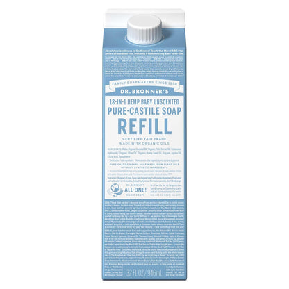 Dr. Bronner's Pure-Castile Liquid Soap Refill - Made with Regenerative Organic Certified Oils, 86% Less Plastic - 18-in-1 Uses, For Face, Body Wash, Hand Soap Refill & More - Baby Unscented, 32oz