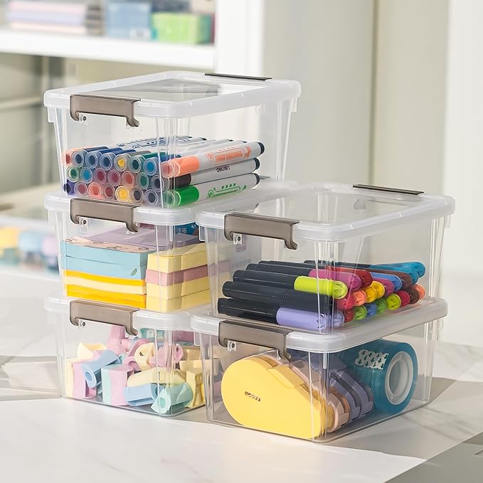 8 Packs Small Storage Bins 1.3 QT Plastic Storage Container Stackable Box with Lids for Organizing, Clear White
