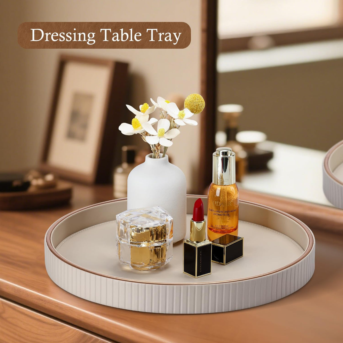 Gorese Round Decorative Tray for Coffee Table Decor, 12" PU Leather Serving tray Table Centerpiece Home Decor