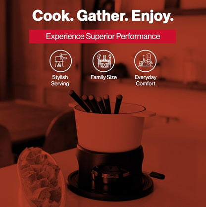 Swissmar Sierra Cast Iron Fondue Set, 1.6 Quart / 1.6 Liter – Perfect for Meat, Cheese, & Chocolate Fondues – Ideal for Family Bonding & Hosting Gifts - 12-Pieces, Matte White
