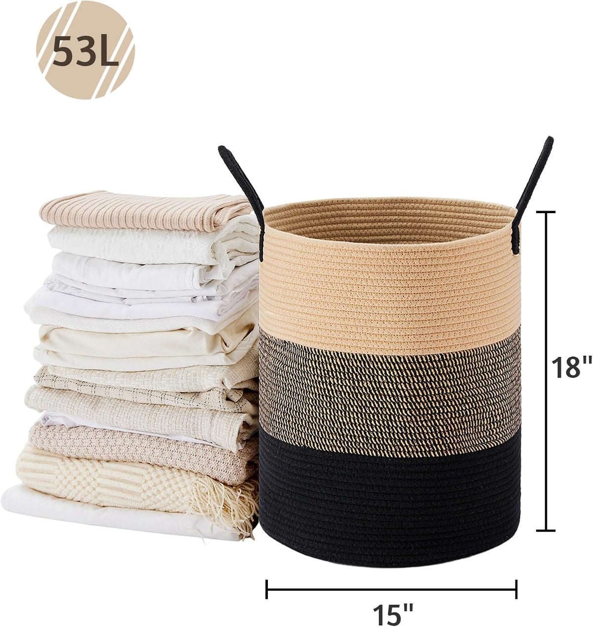 VIPOSCO Large Laundry Hamper, Tall Woven Rope Storage Basket for Blanket, Toys, Dirty Clothes in Living Room, Bathroom, Bedroom - 53L Brown & Black