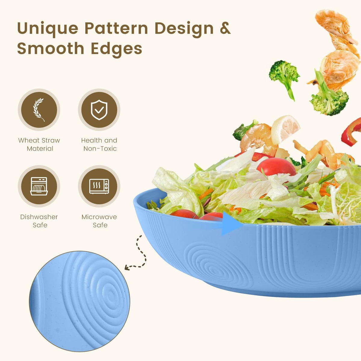Homienly Wheat Straw Big Bowls Salad Bowls Set of 6 10 inch Serving Bowls 65 oz Large Bowls Plastic Plates Bowls Wide and Shallow Bowls for Kitchen