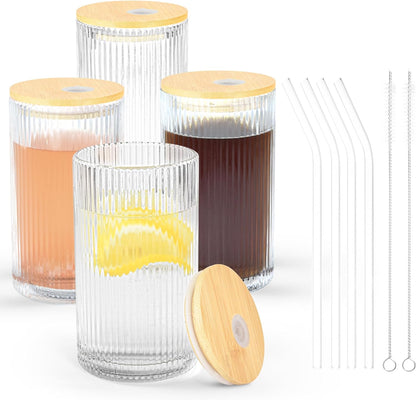 14 oz Drinking Glasses Set of 4 with Bamboo Lids Straws Striped Ribbed Glassware Set Vintage Glass Cups Embossed Iced Coffee Cup for Beer Cocktail