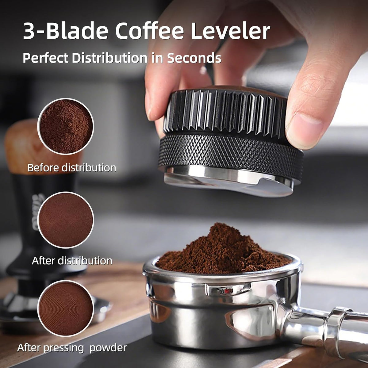 Bincoo 51mm Espresso Distributor Hand Tamper - Adjustable Coffee Leveler Tool for 51mm Portafilter, Walnut Wood Lid