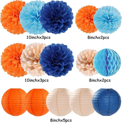 Navy-Blue Orange Champagne Party-Decorations Paper-Flowers - 15pcs Fall Birthday Baby Bridal Shower Tissue Pom Poms Lanterns Streamers Honeycomb, Wedding Bachelorette Hanging Supplies Decor Hugfond