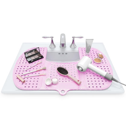 Sink Topper Bathroom Counter Cover & Storage Saver, Foldable Silicone Mat for Hot Tools, Hair Styling & Makeup, Beauty Brush Cleaning Mat, RV Camper Sink Cover & for Small Spaces (Large Pink)