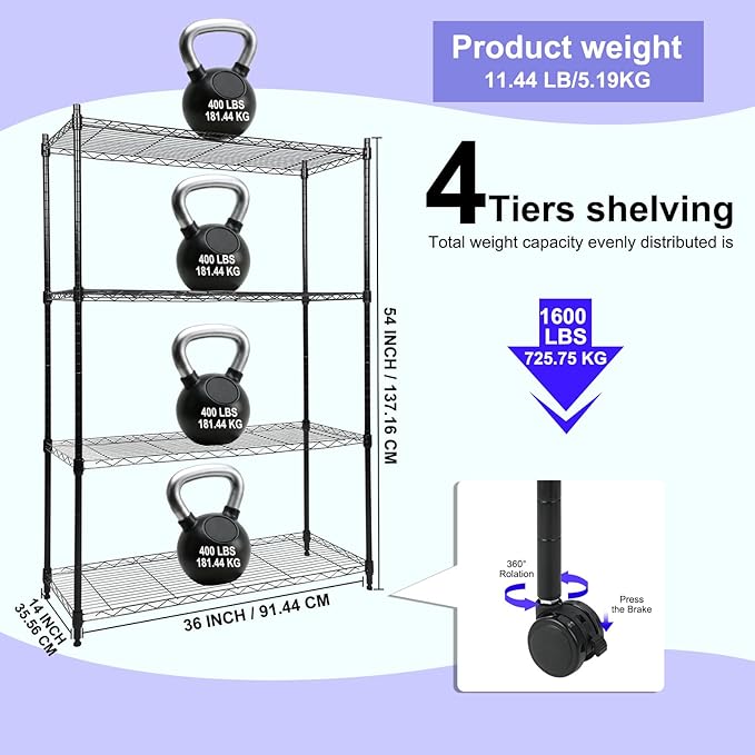 Whitmor 4 Tier Storage Shelving, Heavy Duty with Wheels, Adjustable Steel Organizer Wire Rack, 400 lbs Capacity per Shelf, Max 1600 lbs Total for Garage, Kitchen, Plant, 36" L x 14" W x 54" H, Black