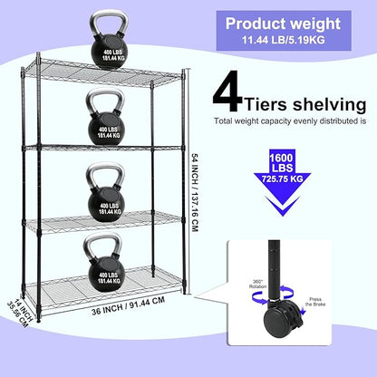Whitmor 4 Tier Storage Shelving, Heavy Duty with Wheels, Adjustable Steel Organizer Wire Rack, 400 lbs Capacity per Shelf, Max 1600 lbs Total for Garage, Kitchen, Plant, 36" L x 14" W x 54" H, Black
