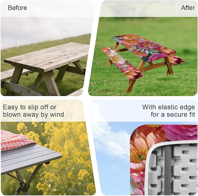 ANNA QUEEN 6FT Red Flowers Spring Picnic Table Cover with Bench Covers Picnic Table Cover Set 3PCS 72"x30", Outdoor Bench and Tablecloth Furniture Protection