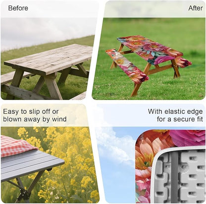 ANNA QUEEN 6FT Red Flowers Spring Picnic Table Cover with Bench Covers Picnic Table Cover Set 3PCS 72"x30", Outdoor Bench and Tablecloth Furniture Protection