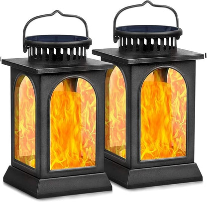 TomCare Solar Lights Flickering Flame Upgraded Metal Solar Lantern Outdoor Hanging Decorative Lanterns Heavy Duty Solar Powered Waterproof Outdoor Lighting for Patio Garden Deck Yard, 2 Pack (Black)