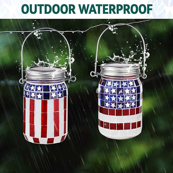 VOREEN Solar Powered Mosaic Mason Jar Lights, Colorful Stained Glass Lanterns for Outdoor Garden Decor, 2 Pack ,National Flag