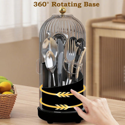 JEESA Utensil Holder with Lid, 360° Rotating Flatware Organizer for Cutlery Spoon Fork(H Less 8"), Silverware Caddy Organizer Drainage Dustproof Flatware Holder Kitchen Countertop Storage, Black
