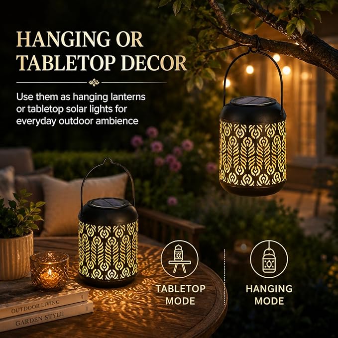 LeiDrail Solar Lantern Outdoor Hanging Lanterns Garden Metal Decorative Light Warm White LED Waterproof Landscape Lighting for Table Pathway Party Yard - 2 Pack