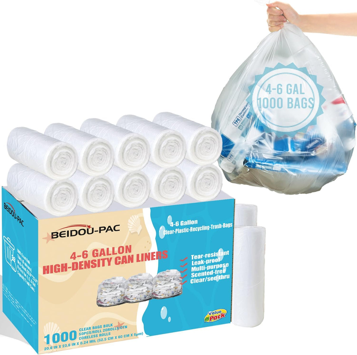 4-6 Gallon Trash Bags, 1000 Count Bulk Value Pack, Clear Plastic Recycling Bags, Multi-purpose Garbage Bags for Business Home Bathroom Kitchen Commercial and Industrial