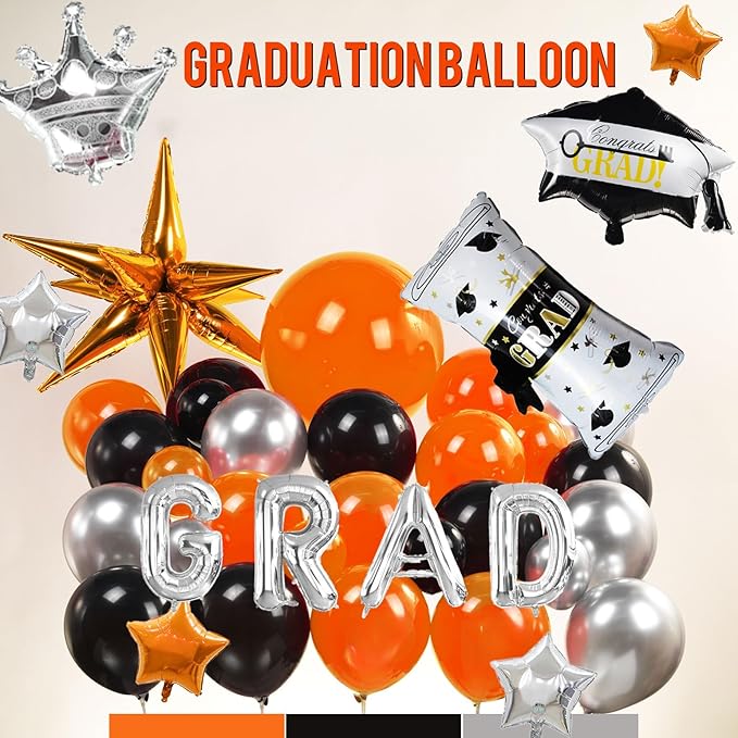 Black orange and silver Balloon Garland Arch Kit 130Pcs with orange and Silver Stars Graduation Certificate Graduation Cap crown GRAD Letters Mylar Balloons for 2025 GRAD Prom Decorations