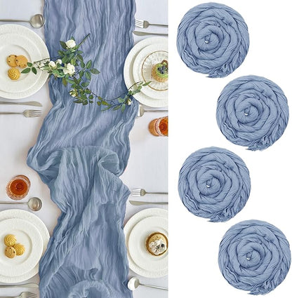 IVAPUPU 4 Pcs Cheesecloth Table Runner - 10ft Dusty Blue Spring Boho Gauze Cheese Cloth Table Runners for Baby Shower Decoration Wedding Party Garden Farmhouse